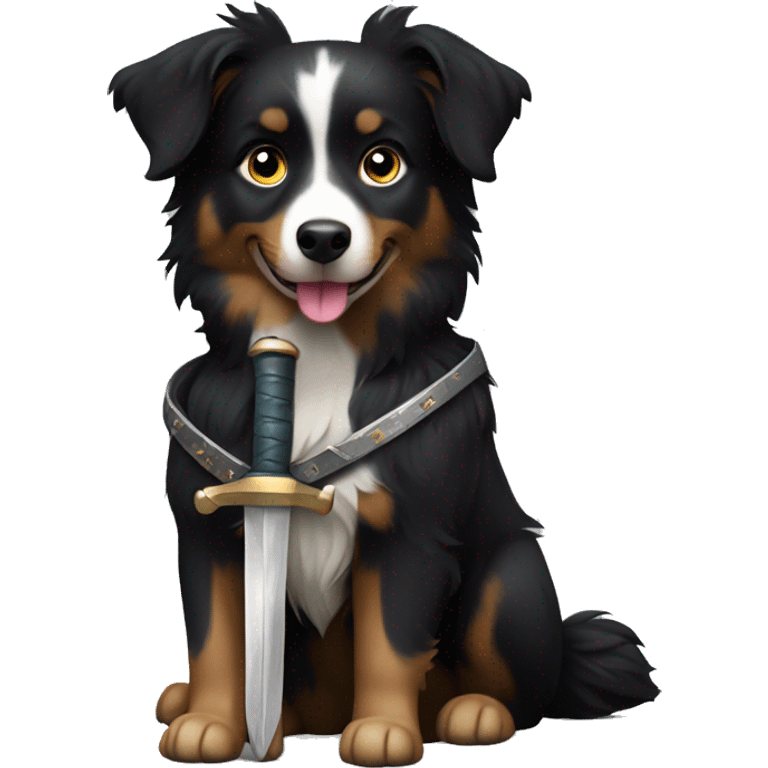 Small black australian shepherd dog with a sword emoji