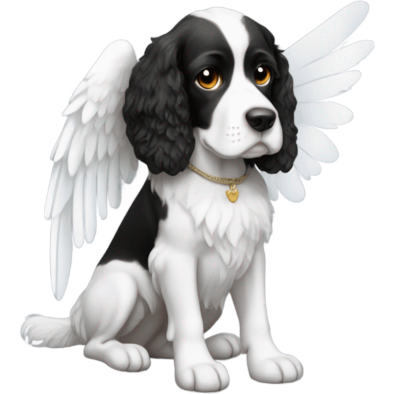 black and white britiny spaniel with angel wings emoji