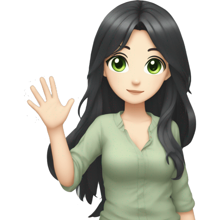 Anime-style girl with black hair down to her belly , gray-green eyes , waving her hand emoji