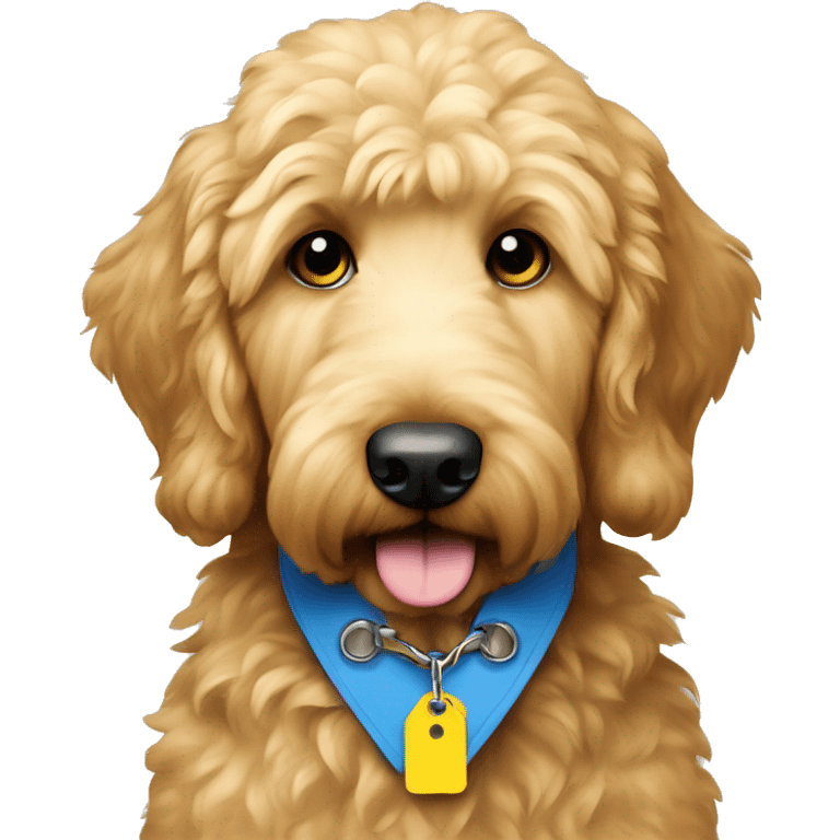 Golden doodle with blue collar and yellow tag emoji