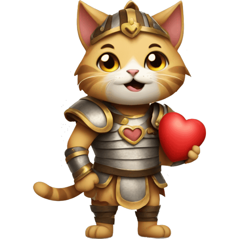 Cat gladiator holding a heart with a laughing crying face {happy}  emoji