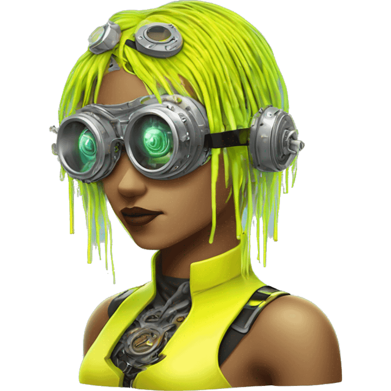 Neon yellow bobbed hair Latina female cyborg head with silver steampunk goggles and circuits emoji