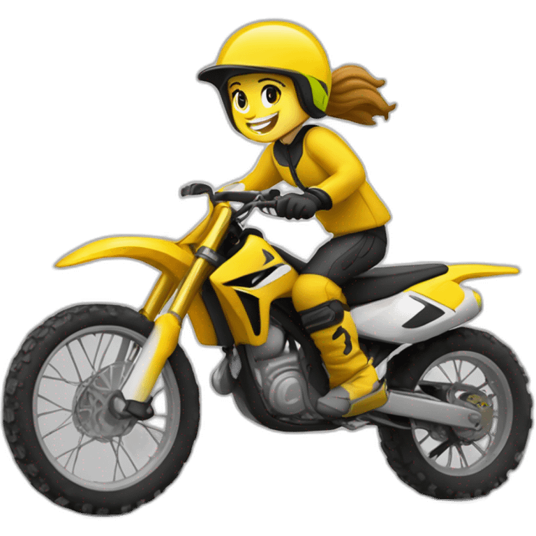 Un garçon qui conduit une motocross jaune avec une fille derrière emoji