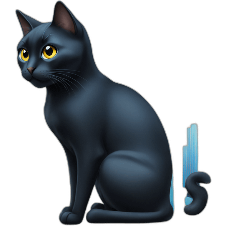 black cat with blue eyes looking at a stock chart emoji