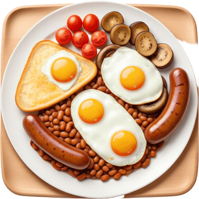 English Breakfast Cinematic Realistic English Breakfast Dish Emoji, depicted as a hearty plate featuring 2 sizzling sausages, a central serving of baked beans, 2 perfectly fried eggs, 2 sliced grilled tomatoes, 2 grilled mushrooms, and a triangle-shaped hash brown, rendered with vivid textures and warm, inviting lighting. emoji