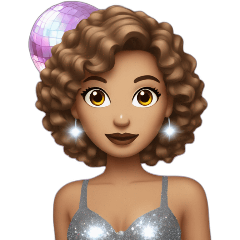 female with brown wavy hair dressed in a glitter dress and makeup, with disco ball emoji