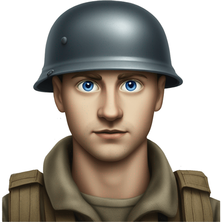 blue eyed  guy 28 years old german soldier in helmet 1940 photorealistic serious emoji