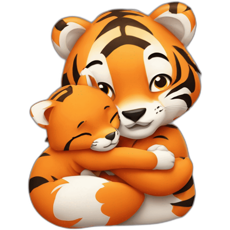 Tiger hugs small fox tightly emoji