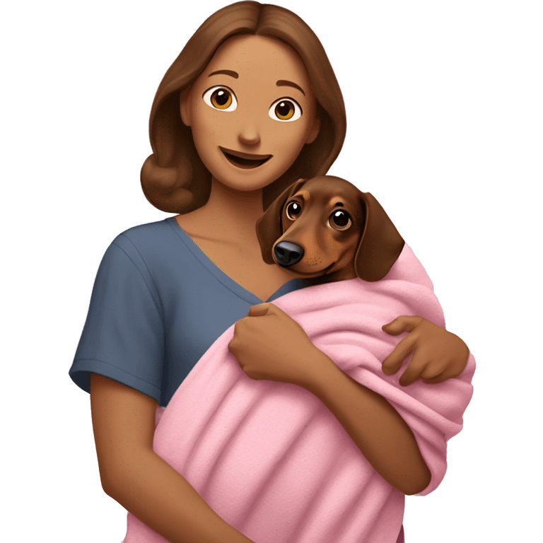 a woman with brown hair is cradling her puppy in a pink baby blanket. the puppy is a brown dachshund dog. the woman is smiling with mouth ajar. you can see the woman cradling the puppy like a baby from her waist up.  emoji