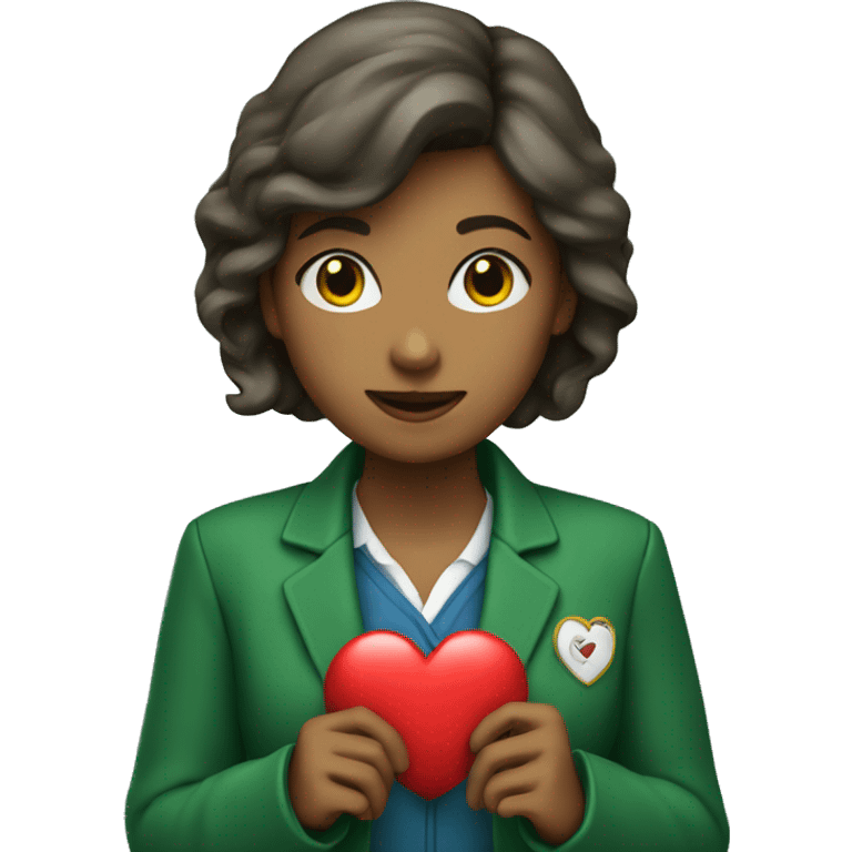 A female teacher in a green jacket holds a heart in her hands emoji