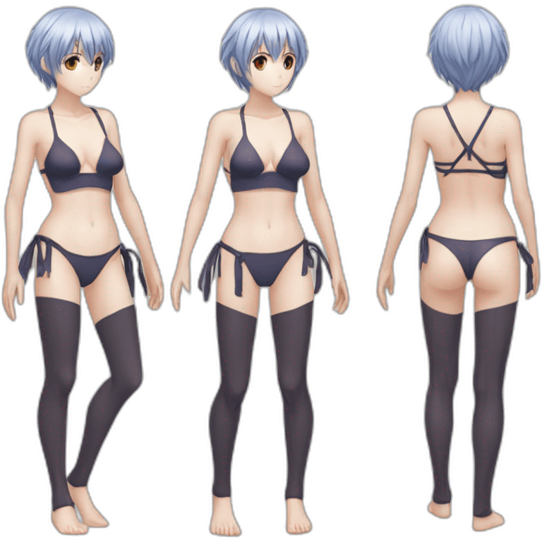 rei ayanami nue, full-body, short-hair, teen, back and front views, bikini emoji