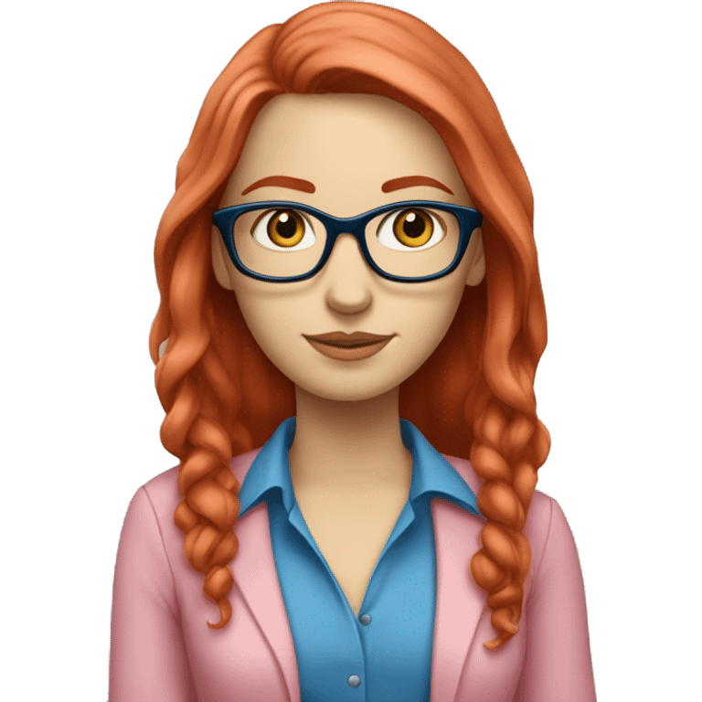 White-girl-with-long-hair-red-head-eyes-blue-wearing-glasses-blouse-formal-pink emoji