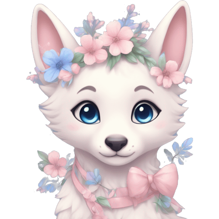 Anthro Cute Cool Blushing Pastel Innocent Shy Kawaii gorgeous sparkly ethereal fantasy animal creature with blue eyes furry sona with flowers and ribbons beautiful aesthetic emoji