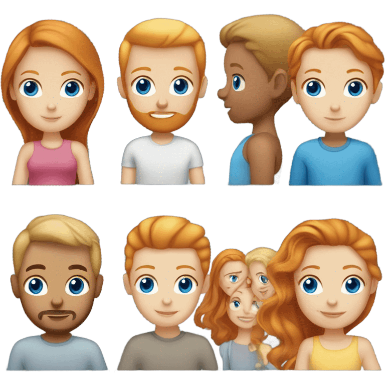 Ginger haired woman with grey eyes,blonde baby girl with blue eyes, blonde haired man with blue eyes  emoji