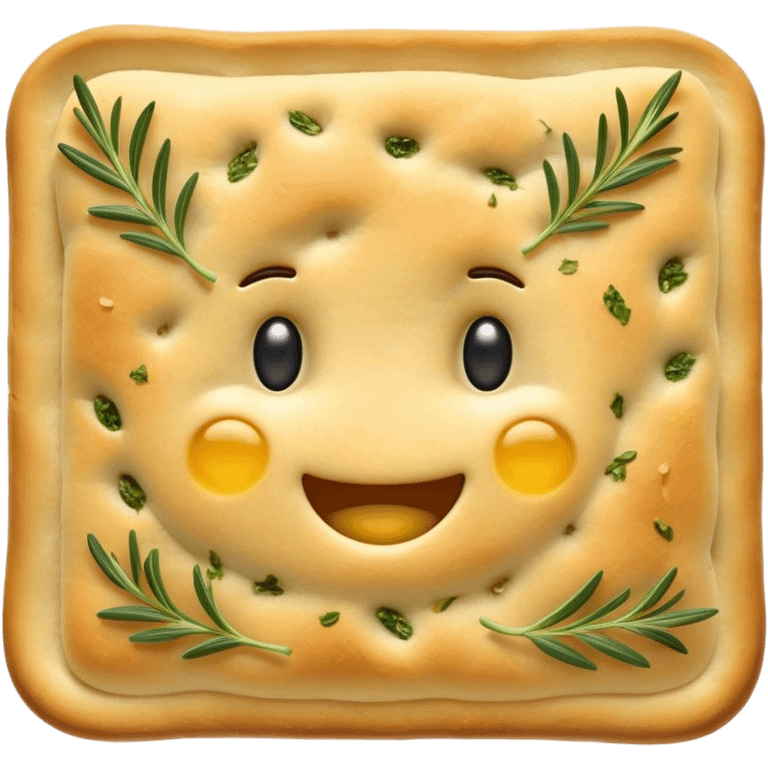 Cinematic Realistic Focaccia Bread Dish Emoji, depicted as a golden, olive oil brushed flatbread sprinkled with herbs rendered with lifelike texture and soft, appetizing lighting. emoji