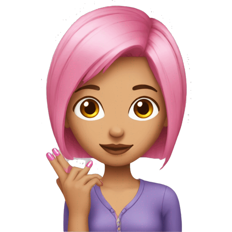 A girl with pink hair showing nails emoji