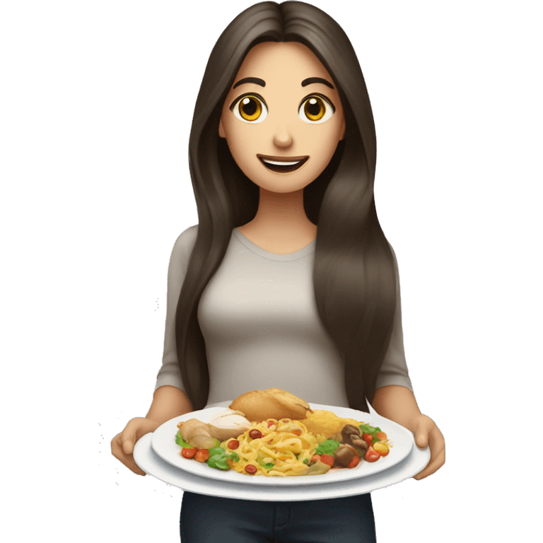 Long hair brunette female showing plates of food emoji