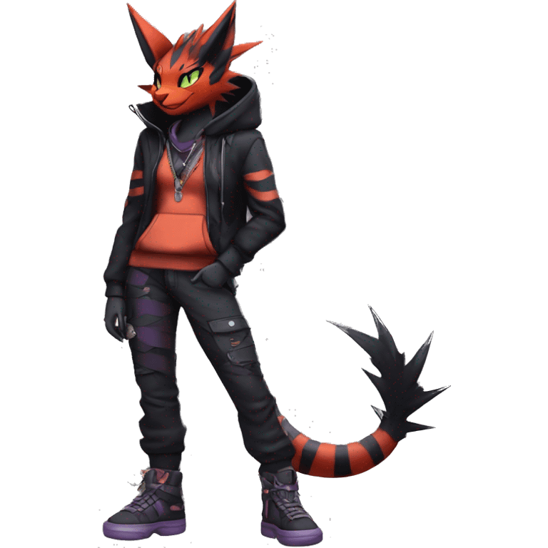 Cool Anthro Noivern-Litten-Vampiric-Pokémon with edgy stripes hoodie spiked collar punk techwear Cargo Pants Full Body emoji