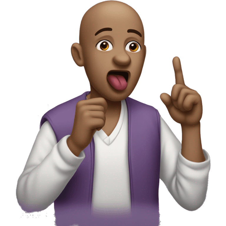 Bald purple skinned man putting their pointer finger on their mouth while pursing their lips (doing the shhh 🤫 expression) emoji