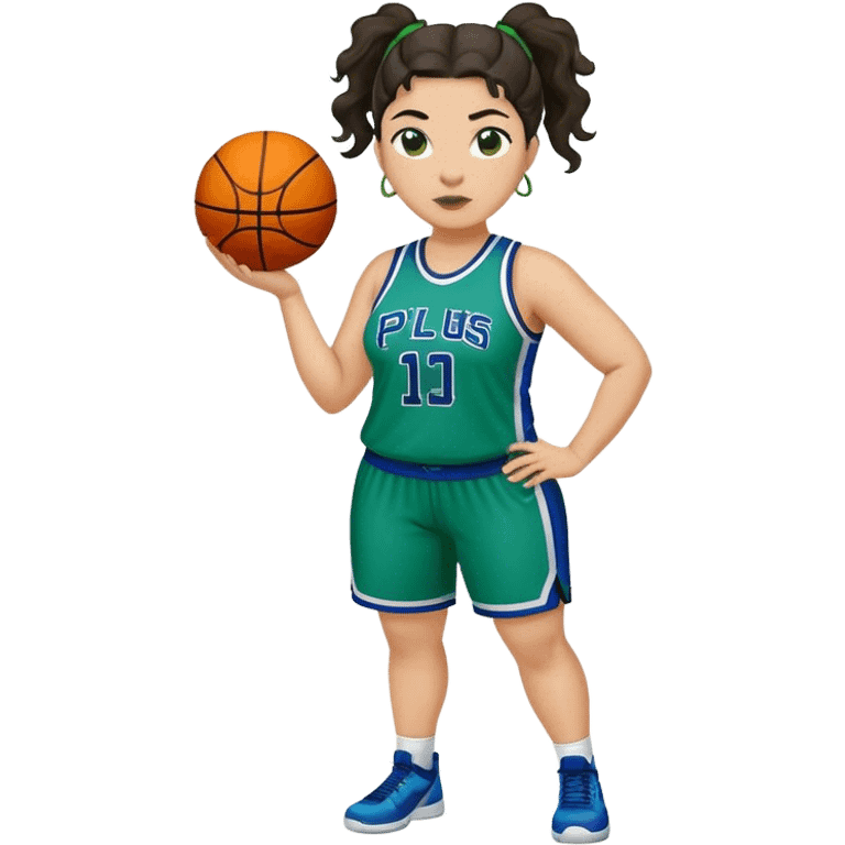 full body plus size light skin latino women basketball player with wavy dark hair in pony tail wide nose wearing blue green  uniform emoji