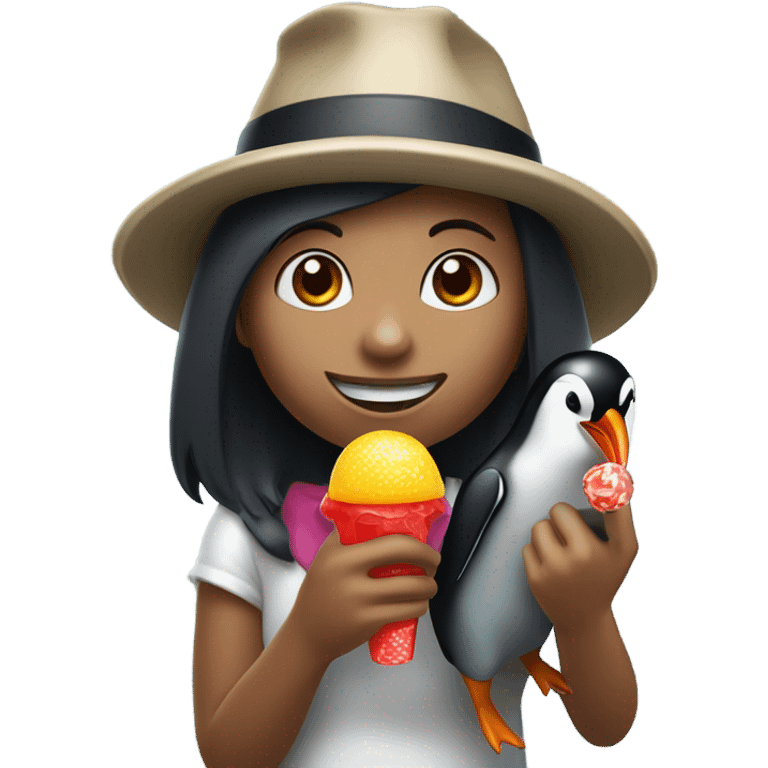 Girl with penguin in hat eating a ring pop emoji