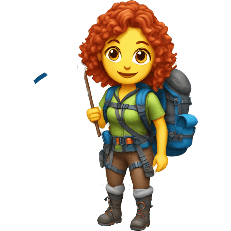 Female winter mountain climber red wavy hair climbing with Greek flag on backpack and holding Easter eggs basket emoji