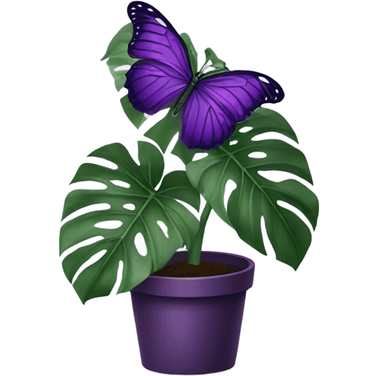 monstera in an aesthetic dark violet pot and on the leaf is an violet butterfly emoji