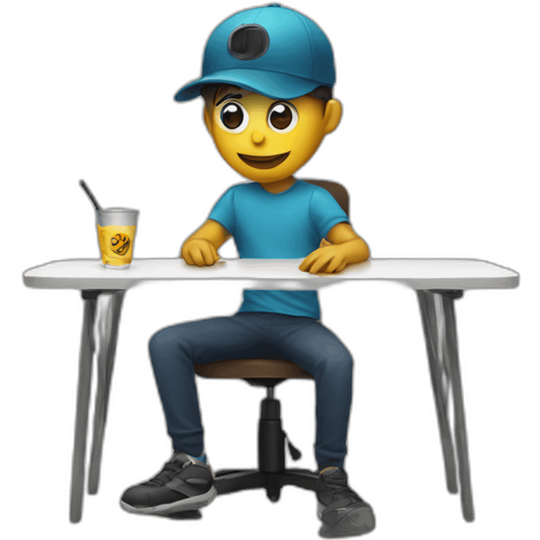 Boy wearing mask and cap sitting on chair with table with mic on table emoji