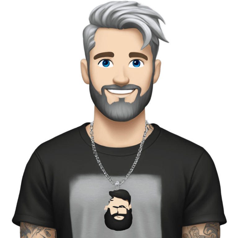 Younger white male that has grey blue eyes, dark brown hair with grey on the sides, a beard, and tattoos. He is wearing a diamond coated white gold necklace and a black punk band t-shirt while waving hello emoji