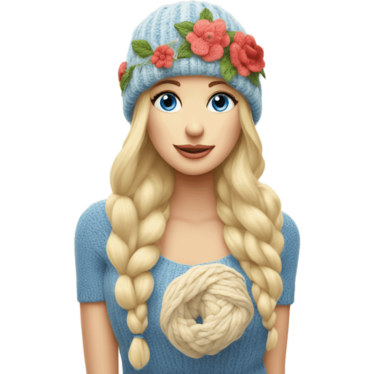 beautiful finnish blonde woman with blue eyes knitting floral hat emoji