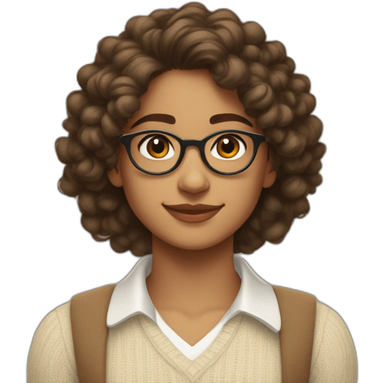 smiling indian teenage girl with curly hair and glasses wearing a collared long sleeve white shirt under a beige v shaped collar sweatervest with no buttons emoji