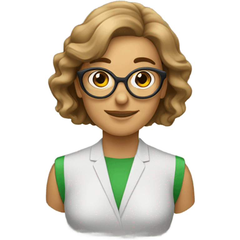 Profesora pelo castaño, gafas, ojos vedes emoji