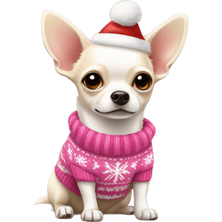 Cream and white chihuahua with Christmas sweater pink emoji