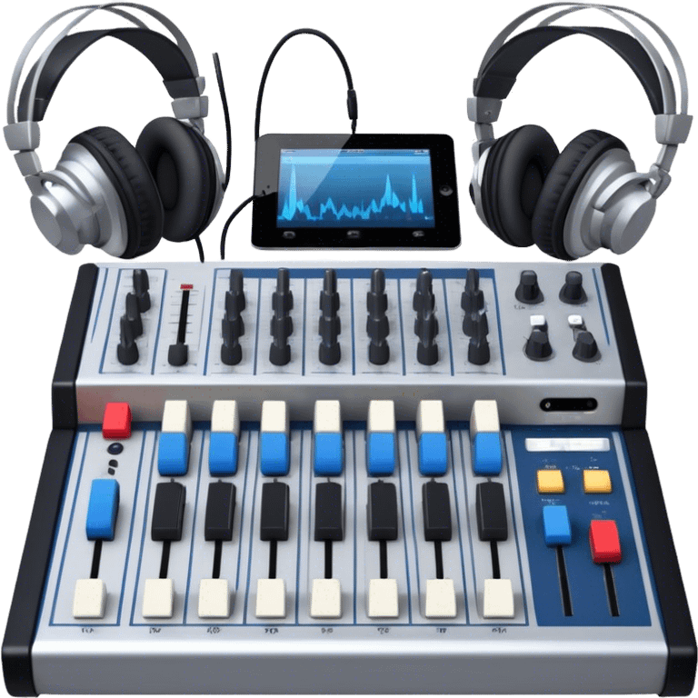 Create a professional and technical emoji that represents sound engineering. The design should feature a sound mixing console with faders, a pair of studio headphones, and audio waveforms to symbolize the precision and technicality of sound mixing and mastering. Include elements like a microphone or audio cables to reflect the recording aspect. Use colors like silver, black, and dark blue to represent the technical, yet artistic side of sound engineering. The background should be transparent. emoji