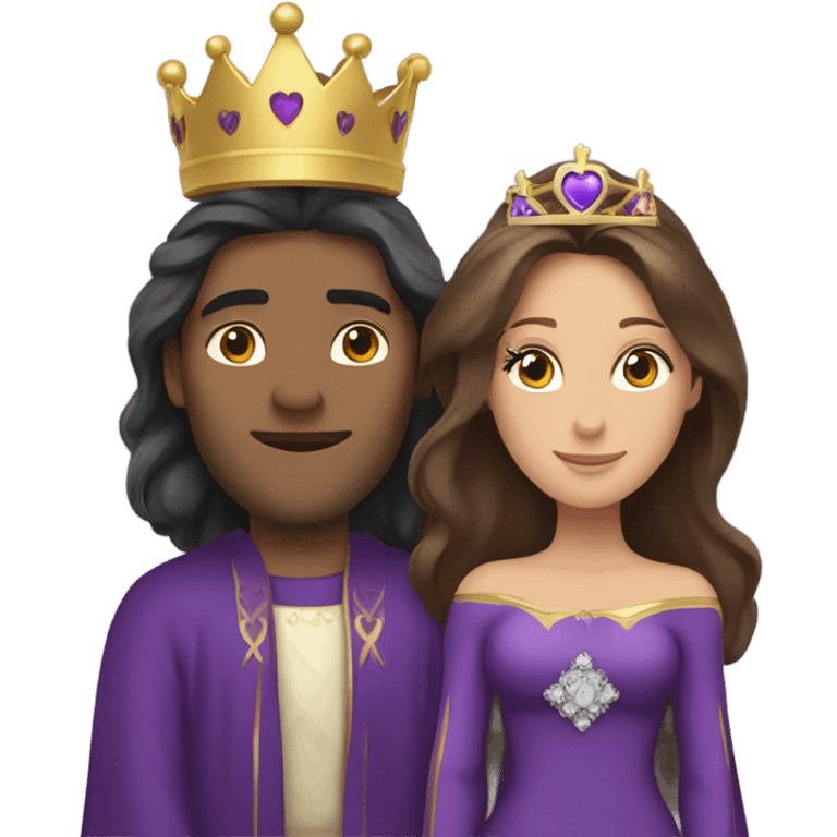 Caucasian long brunette with woman wearing formal royal purple robes and a crown whose face shows hearts to the man she adores  emoji