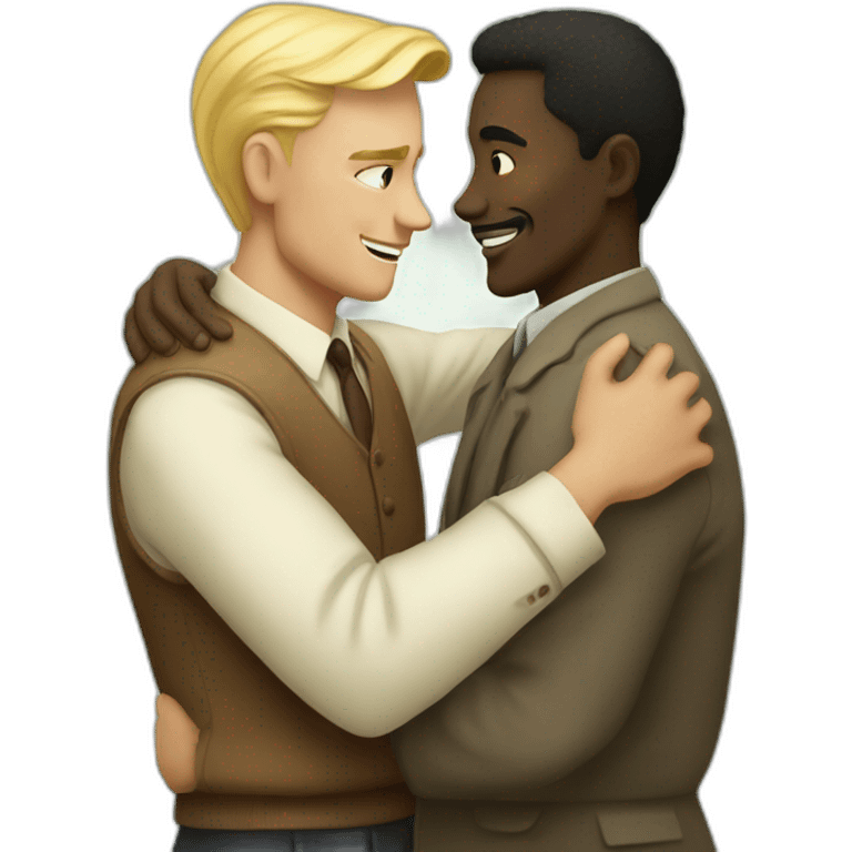 Hungarian 50s blond man hugs African 50s man emoji