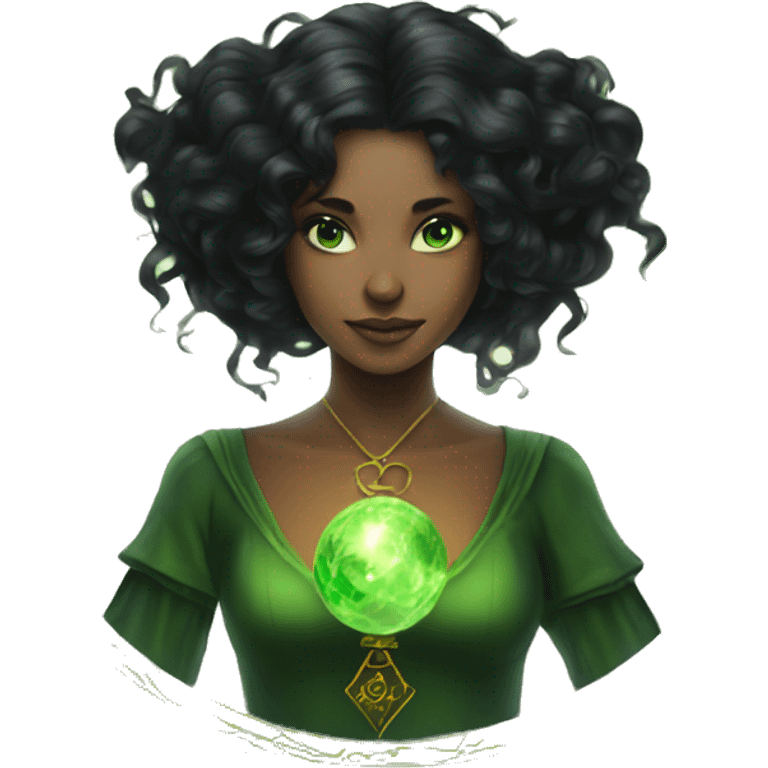 Magic girl black hair green eyes with tarot emoji