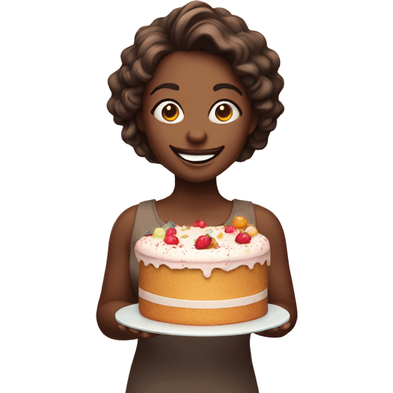 smiling girl with cake indoors emoji