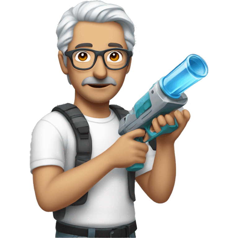 Turkish man with grey hair and protective glasses and white t-shirt aiming a small water gun with one hand while standing sideways emoji