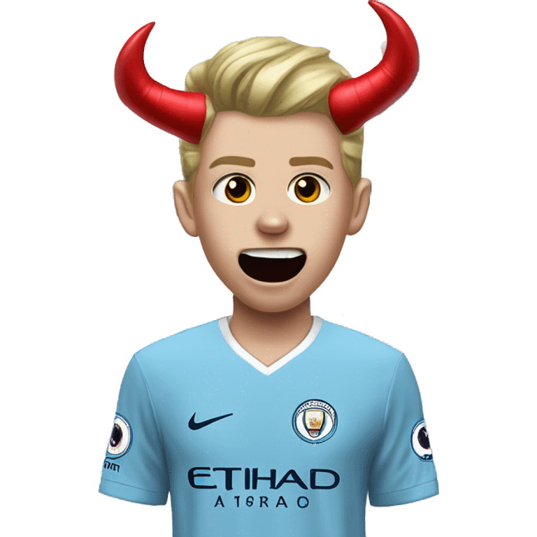 A really scary 14 year old kid weaing man city jersey with red horns on his hea and creepy smule emoji