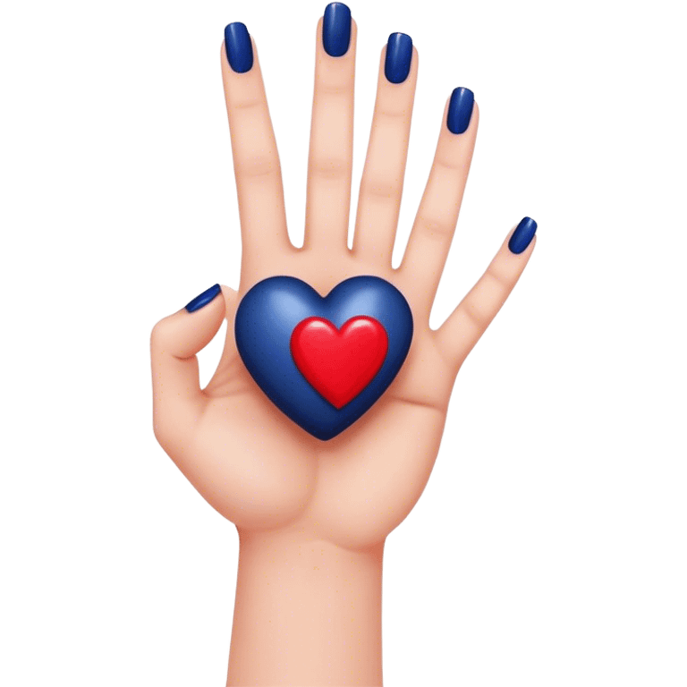 
a hand with a red manicure holds a dark blue heart with two fingers emoji