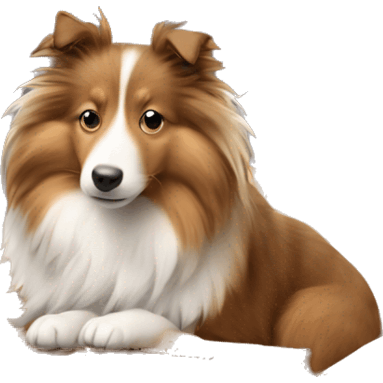 Shetland sheepdog sitting in cardboard emoji