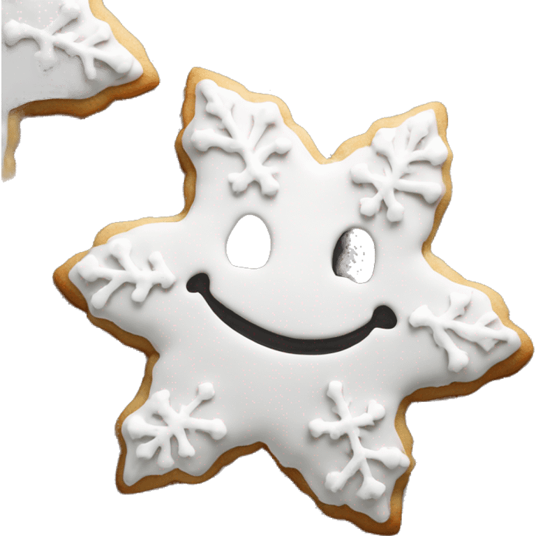 Create a smiley Christmas cookie in the shape of a star or snowflake. The cookies are decorated with white icing and sprinkled with colored sugar. It should look appetizing and festive emoji