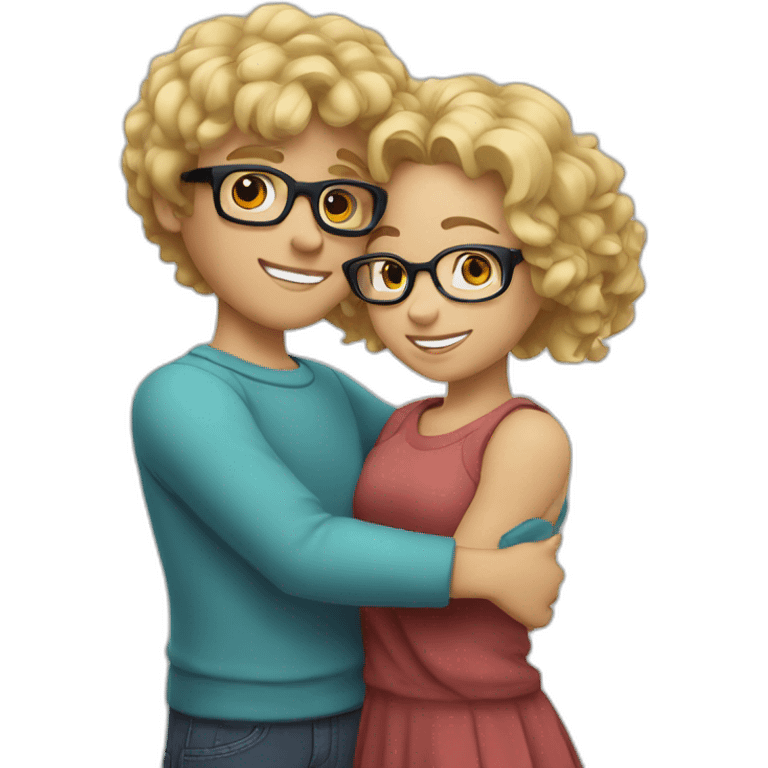 boy with curly blonde hair and glasses hugging girl with black hair and glasses emoji