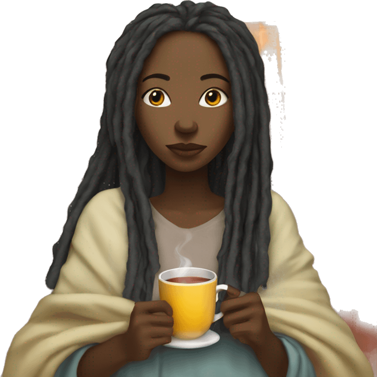 Black girl with long dreadlocks sipping on hot tea with blanket emoji