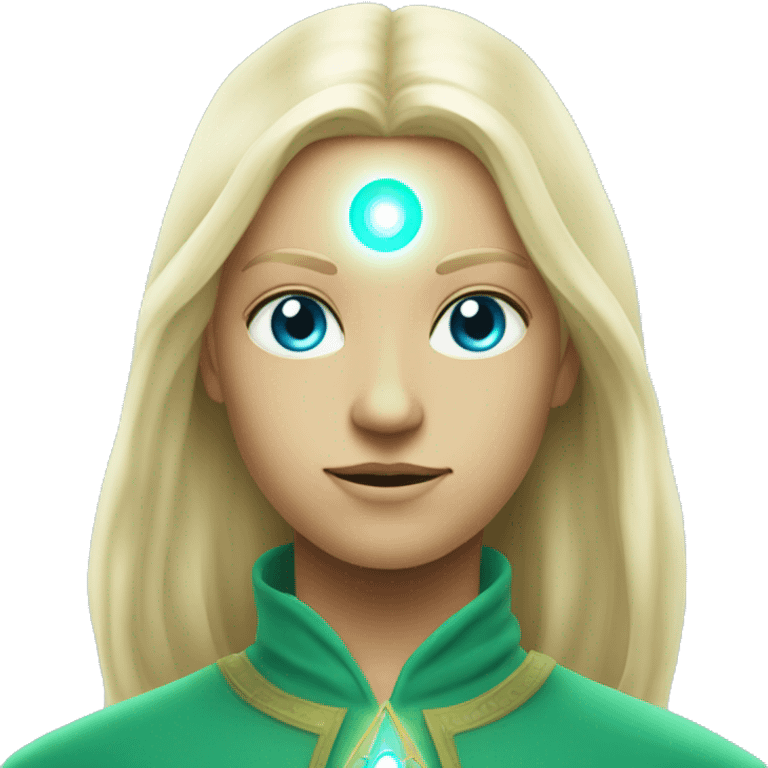 nordic pleiadian in green clothing with thin face long blonde hair and blue eyes third eye glowing emoji