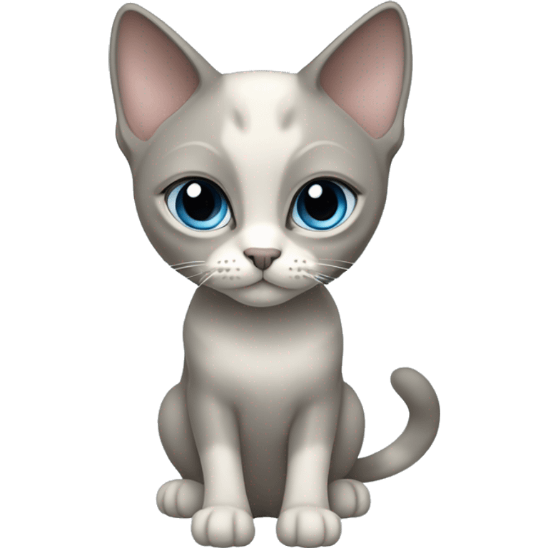 Thai breed cat with a light cream body, dark gray face, ears, and paws. Short fur, sharp ears, and striking light blue eyes with an intense gaze. emoji