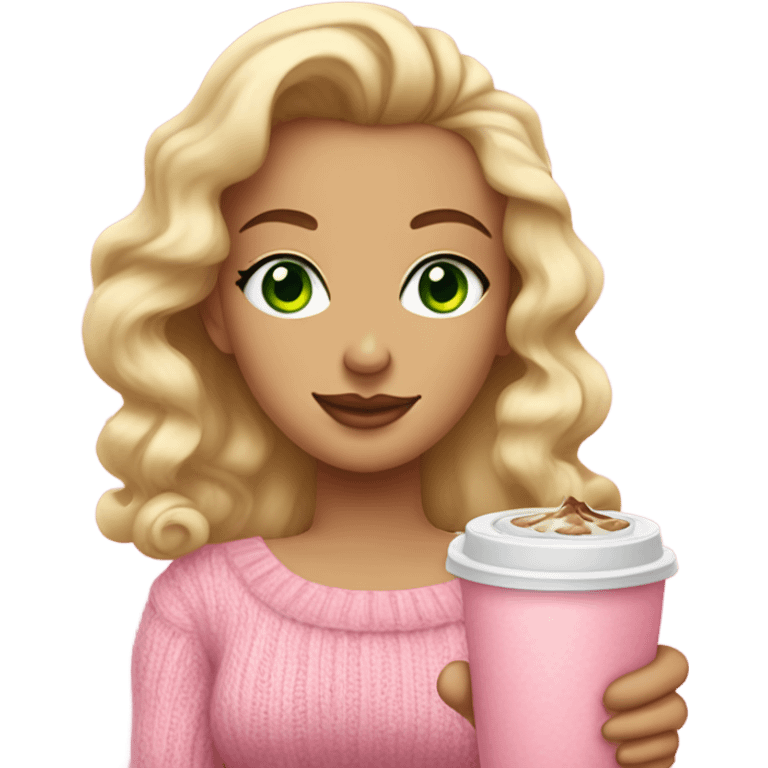 blonde woman with green eyes and curled hair with a pink hair bow holding an iced coffee, wearing a pink cozy sweater emoji