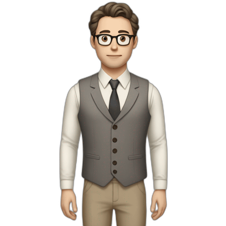 Full height Pale skinned Fit Man With dark brown hair in gray jacket, vest, tie, beige office shirt, Brown pants and vintage glasses. Thrumbs of his palms directed up emoji