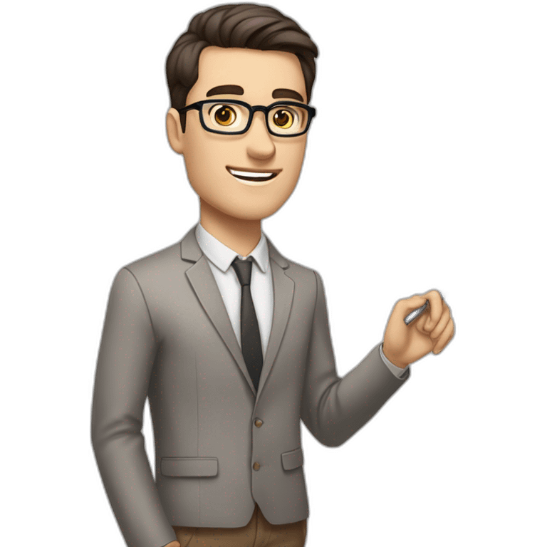 Pale skinned fit man with dark brown hair in gray jacket, beige office shirt, brown tie, brown pants and vintage glasses Writing on the marker board emoji